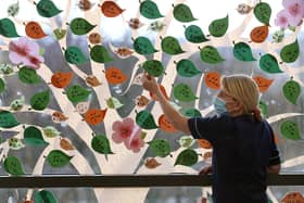 Senior charge nurse Rosario Walshe beside a Remembrance Tree mural that has been installed as a backdrop on one of the full-length windows in the ward. Picture: Andrew Milligan/PA Wire