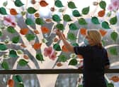 Senior charge nurse Rosario Walshe beside a Remembrance Tree mural that has been installed as a backdrop on one of the full-length windows in the ward. Picture: Andrew Milligan/PA Wire