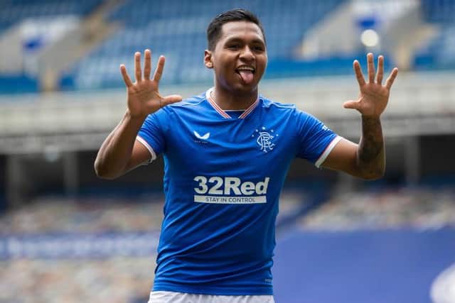Alfredo Morelos signals his delight after making it 2-0 to Rangers against St Mirren as the Ibrox club moved in on their 55th league title win. (Photo by Craig Williamson / SNS Group)