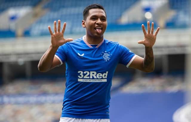 Alfredo Morelos signals his delight after making it 2-0 to Rangers against St Mirren as the Ibrox club moved in on their 55th league title win. (Photo by Craig Williamson / SNS Group)