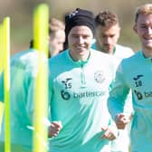 EDINBURGH, SCOTLAND - APRIL 20: Ewan Henderson (R) and Kevin Nisbet during a Hibernian training session at Hibernian Training Centre, on April 20, 2023, in Edinburgh, Scotland.  (Photo by Ewan Bootman / SNS Group)