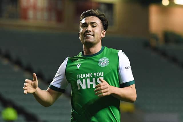 Hibernian's Stevie Mallan celebrates making it 2-0 during a Betfred Cup match between Hibernian. Photo by Craig Foy / SNS Group