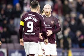 Liam Boyce celebrates with Lawrence Shankland after Hearts' winning goal against St Johnstone. (Photo by Roddy Scott / SNS Group)