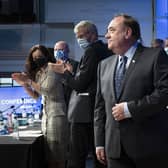 Alex Salmond after delivering his leaders speech during the first annual conference for the Alba Party at Greenock Town Hall, Greenock, Inverclyde.