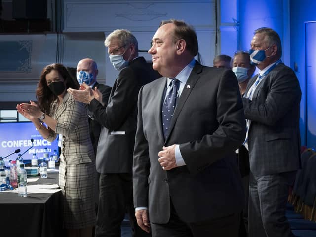 Alex Salmond after delivering his leaders speech during the first annual conference for the Alba Party at Greenock Town Hall, Greenock, Inverclyde.