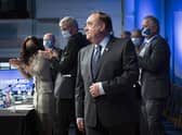 Alex Salmond after delivering his leaders speech during the first annual conference for the Alba Party at Greenock Town Hall, Greenock, Inverclyde.