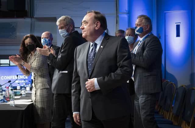Alex Salmond after delivering his leaders speech during the first annual conference for the Alba Party at Greenock Town Hall, Greenock, Inverclyde.
