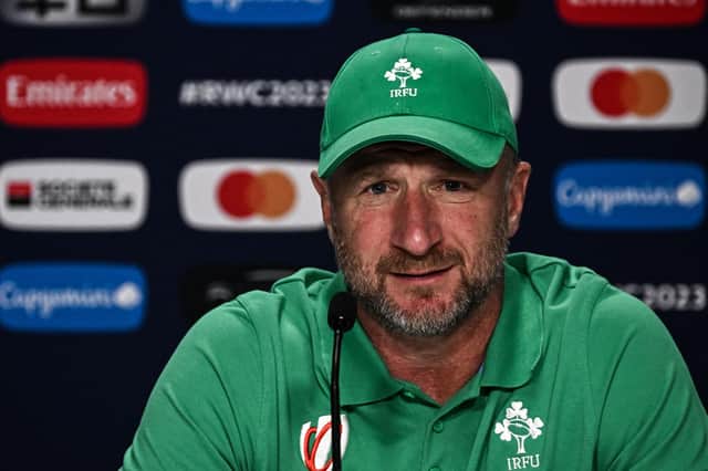 Ireland assistant coach Mike Catt speaks during a Rugby World Cup press conference. (Photo by PHILIPPE LOPEZ/AFP via Getty Images)