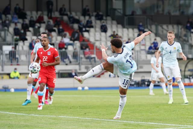 Che Adams fails to convert one of several chances missed by Scotland during their 1-0 win in Luxembourg on Sunday evening. (Photo by Christian Kaspar-Bartke/Getty Images)