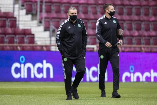 Celtic manager Ange Postecoglou, left, during his first visit to Tynecastle back in July 2021.