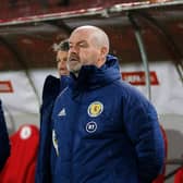 Steve Clarke, head coach of Scotland, looks on during the UEFA EURO 2020 Play-Off final between Serbia and Scotland at Rajko Mitic Stadium on November 12, 2020. (Photo by Srdjan Stevanovic/Getty Images)