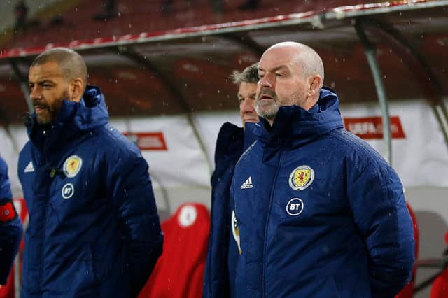 Steve Clarke, head coach of Scotland, looks on during the UEFA EURO 2020 Play-Off final between Serbia and Scotland at Rajko Mitic Stadium on November 12, 2020. (Photo by Srdjan Stevanovic/Getty Images)