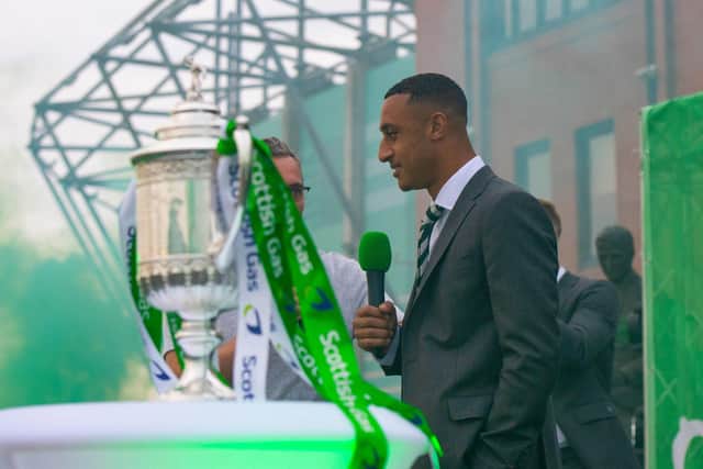 Adam Idah addresses the Celtic fans after scoring the winner against Rangers.