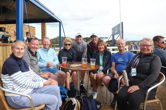 Gemma Dryburgh celebrates with her family and friends after making it through to the weekend at Dundonald Links. Picture: Oisin Keniry