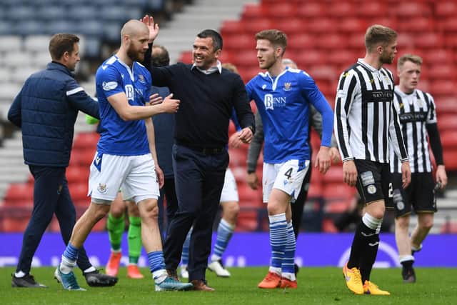 Callum Davidson (right) celebrates with his St Johnstone players after defeating St Mirren to reach the Scottish Cup final (Photo by Craig Foy / SNS Group)