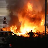 Romain Grosjean's car bursts into flames following his crash at the Grand Prix of Bahrain. Picture: Bryn Lennon/Getty Images