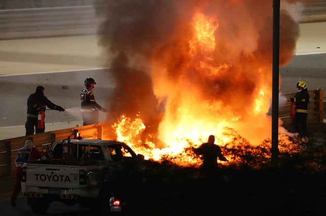 Romain Grosjean's car bursts into flames following his crash at the Grand Prix of Bahrain. Picture: Bryn Lennon/Getty Images