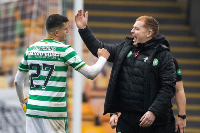 Celtic manager Neil Lennon congratulates Mohamed Elyounoussi at full-time after his hat-trick in the 4-1 win over Motherwell (Photo by Craig Williamson / SNS Group)