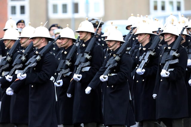 Royal Marines. The Royal Navy's Ceremonial Guard in their final rehearsal for their duties at the Cenotaph in London, on Remembrance Sunday. They were photographed at Whale Island, Portsmouth. Picture: Chris Moorhouse   (jpns 101121-23)