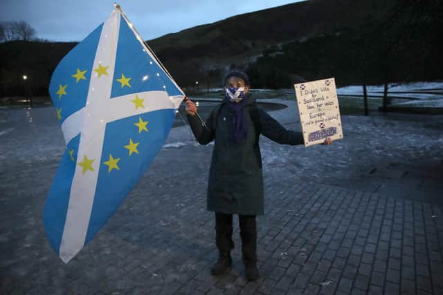 Supporters of the campaign group Yes for EU outside the Scottish Parliament at Holyrood in Edinburgh as they protest against Brexit