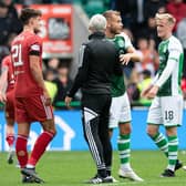 Aberdeen manager Jim Goodwin has a word with Hibs Ryan Porteous during a the match at Easter Road last month.