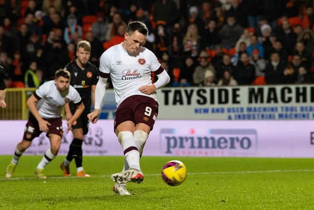 Lawrence Shankland scored his 15th goal of the season with this penalty to equalise for Hearts.