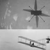 A picture taken from Nasa's Ingenuity Helicopter on Mars during its first flight and a 1901 image of a glider in flight at Kitty Hawk, North Carolina (Picture: Nasa/JPL-Caltech/Library of Congress/AFP via Getty Images)