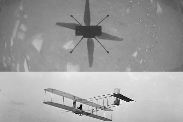 A picture taken from Nasa's Ingenuity Helicopter on Mars during its first flight and a 1901 image of a glider in flight at Kitty Hawk, North Carolina (Picture: Nasa/JPL-Caltech/Library of Congress/AFP via Getty Images)