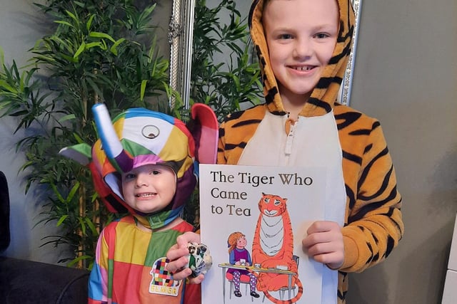 Blake, age 3, gives us a splash of colour as Elmer the Elephant and and Harrison, age 7, as the Tiger Who Came to Tea.