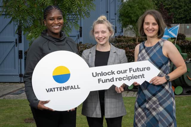 Dr Susan Osbeck, Vattenfall Unlock our Future Chair, Mimi Mwasame, Stakeholder and Community Engagement Manager, Offshore Wind, Vattenfall with Leanne McIntosh, Charlie House (Picture by Michal Wachucik/Abermedia)