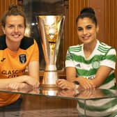 Glasgow City's Hayley Lauder, (left) and Celtic's Jacynta Galabadaarachchi during a preview ahead of the Scottish Women's Cup final at Glasgow Women's Library, on May 24, 2022, in Glasgow, Scotland. (Photo by Alan Harvey / SNS Group)