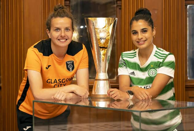 Glasgow City's Hayley Lauder, (left) and Celtic's Jacynta Galabadaarachchi during a preview ahead of the Scottish Women's Cup final at Glasgow Women's Library, on May 24, 2022, in Glasgow, Scotland. (Photo by Alan Harvey / SNS Group)