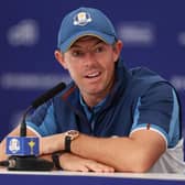 Team Europe member Rory McIlroy speaks in a press conference prior to the 44th Ryder Cup at Marco Simone Golf Club in Rome. Picture: Richard Heathcote/Getty Images.