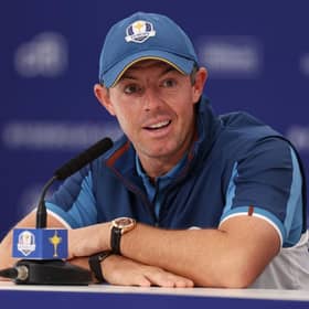Team Europe member Rory McIlroy speaks in a press conference prior to the 44th Ryder Cup at Marco Simone Golf Club in Rome. Picture: Richard Heathcote/Getty Images.