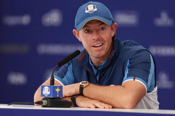 Team Europe member Rory McIlroy speaks in a press conference prior to the 44th Ryder Cup at Marco Simone Golf Club in Rome. Picture: Richard Heathcote/Getty Images.