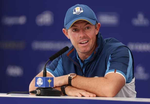 Team Europe member Rory McIlroy speaks in a press conference prior to the 44th Ryder Cup at Marco Simone Golf Club in Rome. Picture: Richard Heathcote/Getty Images.