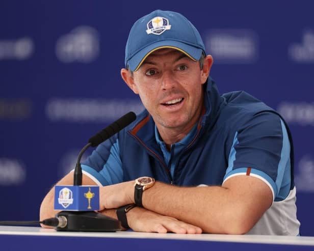 Team Europe member Rory McIlroy speaks in a press conference prior to the 44th Ryder Cup at Marco Simone Golf Club in Rome. Picture: Richard Heathcote/Getty Images.