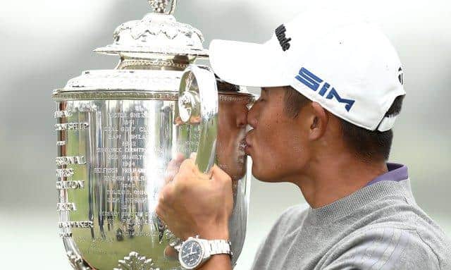Collin Morikawa kisses the Wanamaker Trophy after closing with a 64, equalling the best round of the week, to win the 102nd US PGA Championship by two shots at TPC Harding Park in San Francisco. Picture: Getty Images