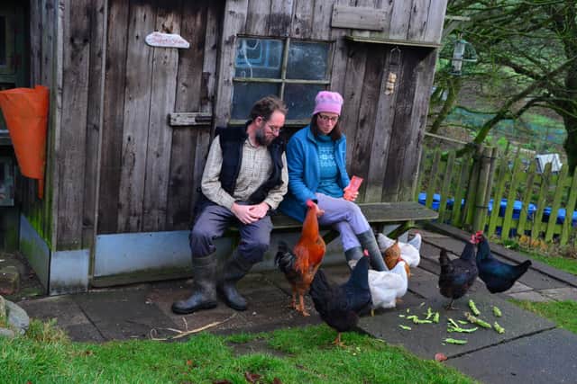 Sonja and Jim Brodie with their hens