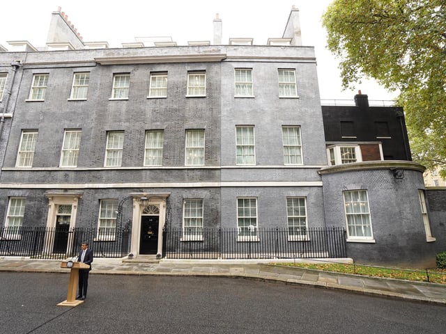 Rishi Sunak makes a speech outside 10 Downing Street, London, after meeting King Charles III and accepting his invitation to become Prime Minister and form a new government.
