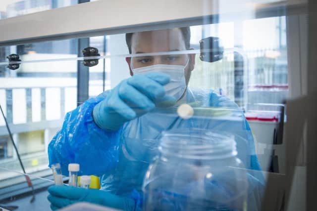 Patient samples are transferred by scientists into plates before entering the PCR (Polymerase Chain Reaction) process for Covid-19 testing at the Glasgow Lighthouse coronavirus testing facility. Picture: Jane Barlow/PA Wire