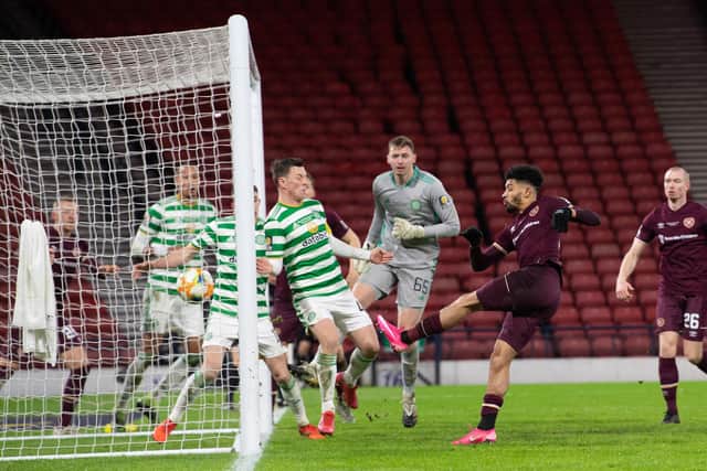 Hearts attacker Josh Ginnelly scores to make it 3-3 in the Scottish Cup final. Picture: SNS