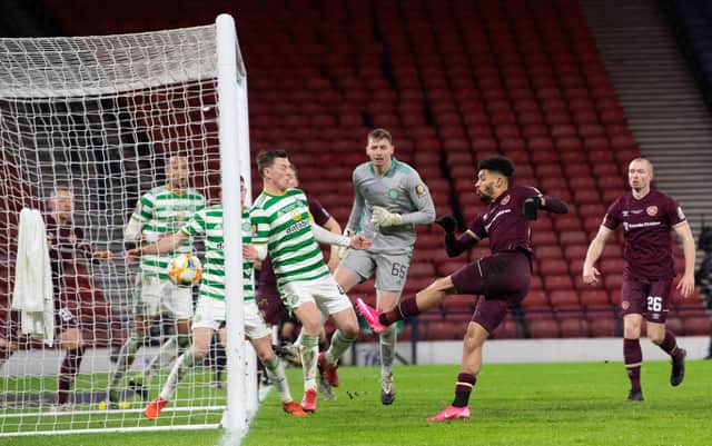 Hearts attacker Josh Ginnelly scores to make it 3-3 in the Scottish Cup final. Picture: SNS