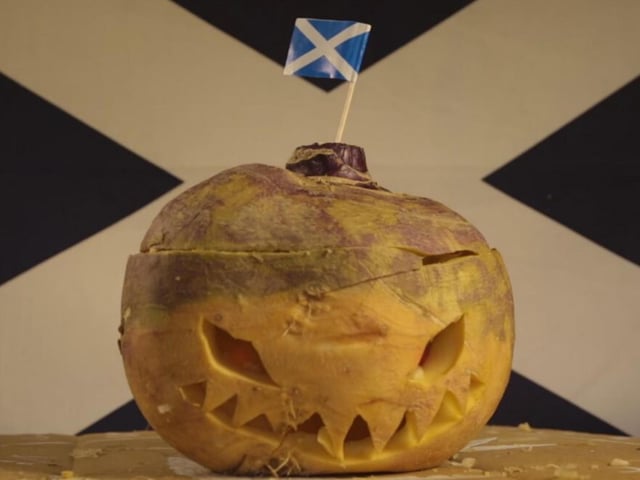 Traditionally in Scotland, scary or grotesque faces were carved into "neeps" (the Scots word for turnips) to create lanterns that would scare off ghosts or other demonic presences.