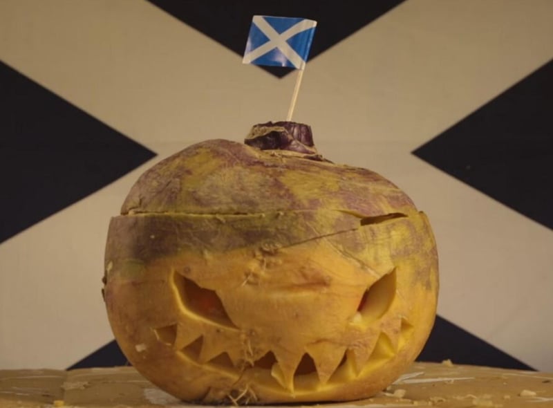 Traditionally in Scotland, scary or grotesque faces were carved into "neeps" (the Scots word for turnips) to create lanterns that would scare off ghosts or other demonic presences.