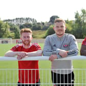 Blair Munn (left) with Pro Performance Academy partners Robbie Thomson and Callum Tapping - who he will face when Bo'ness United meet Edinburgh City in the Scottish Cup second round. Picture: Michael Gillen.