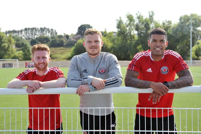 Blair Munn (left) with Pro Performance Academy partners Robbie Thomson and Callum Tapping - who he will face when Bo'ness United meet Edinburgh City in the Scottish Cup second round. Picture: Michael Gillen.