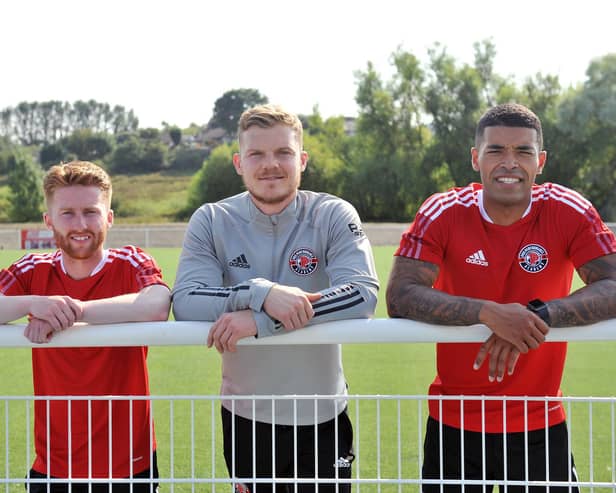 Blair Munn (left) with Pro Performance Academy partners Robbie Thomson and Callum Tapping - who he will face when Bo'ness United meet Edinburgh City in the Scottish Cup second round. Picture: Michael Gillen.