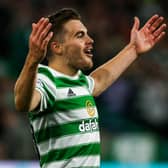 James Forrest celebrates what he thought was his 15th gal in Europe as Celtic made it 2-0 in their Europa League play-off against AZ Alkmaar  on  Wednesday night. UEFA, though, later credited the strike as an own goal. (Photo by Craig Williamson / SNS Group)
