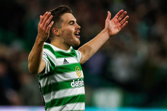 James Forrest celebrates what he thought was his 15th gal in Europe as Celtic made it 2-0 in their Europa League play-off against AZ Alkmaar on Wednesday night. UEFA, though, later credited the strike as an own goal. (Photo by Craig Williamson / SNS Group)